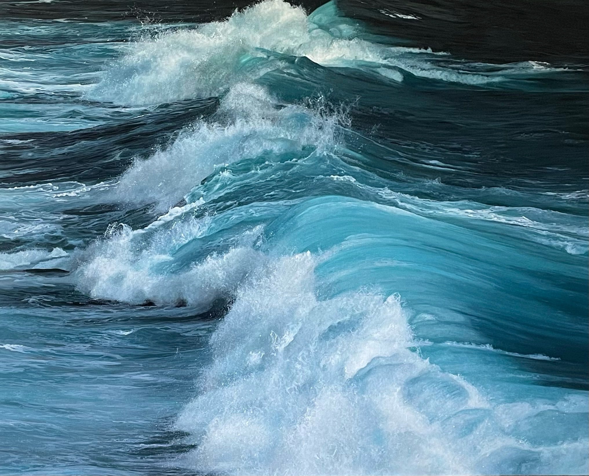 A large acrylic seascape painting of ocean waves crashing and swirling with white foam and various shades of blue, titled 'Happiness' by fine artist Andreea Ionela Berindei