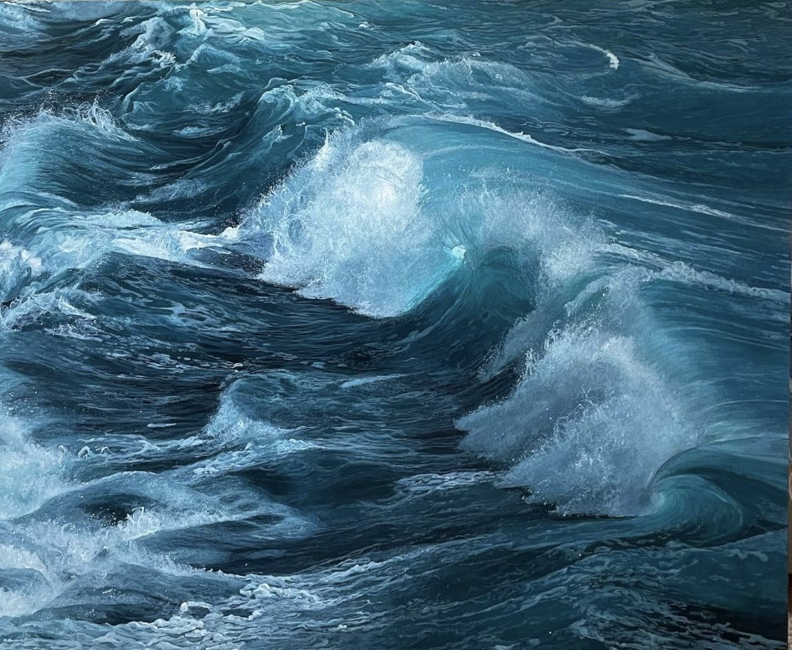 A large acrylic landscape painting of rough ocean waves with white foam and deep blue water, titled 'Hopeful' by fine artist Andreea Ionela Berindei