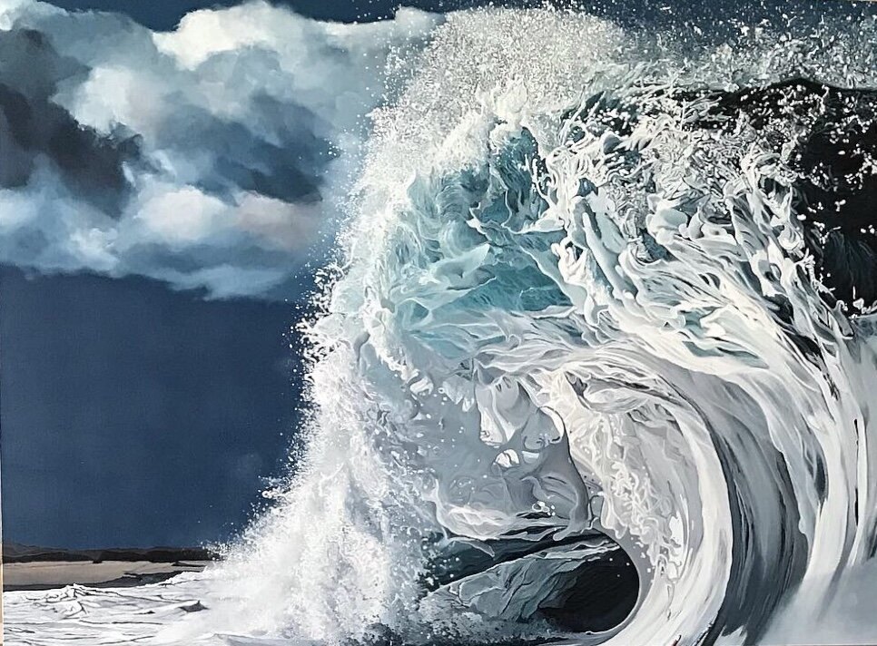 A large acrylic seascape painting of a wave crashing with foam and spray against a dark sky, by fine artist Andreea Ionela Berindei