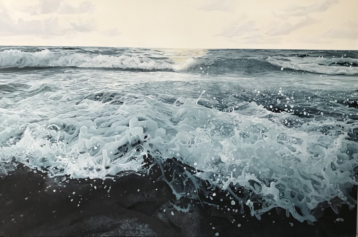 A large acrylic seascape painting of a sunrise with crashing waves on rocks at the shoreline, by fine artist Andreea Ionela Berindei