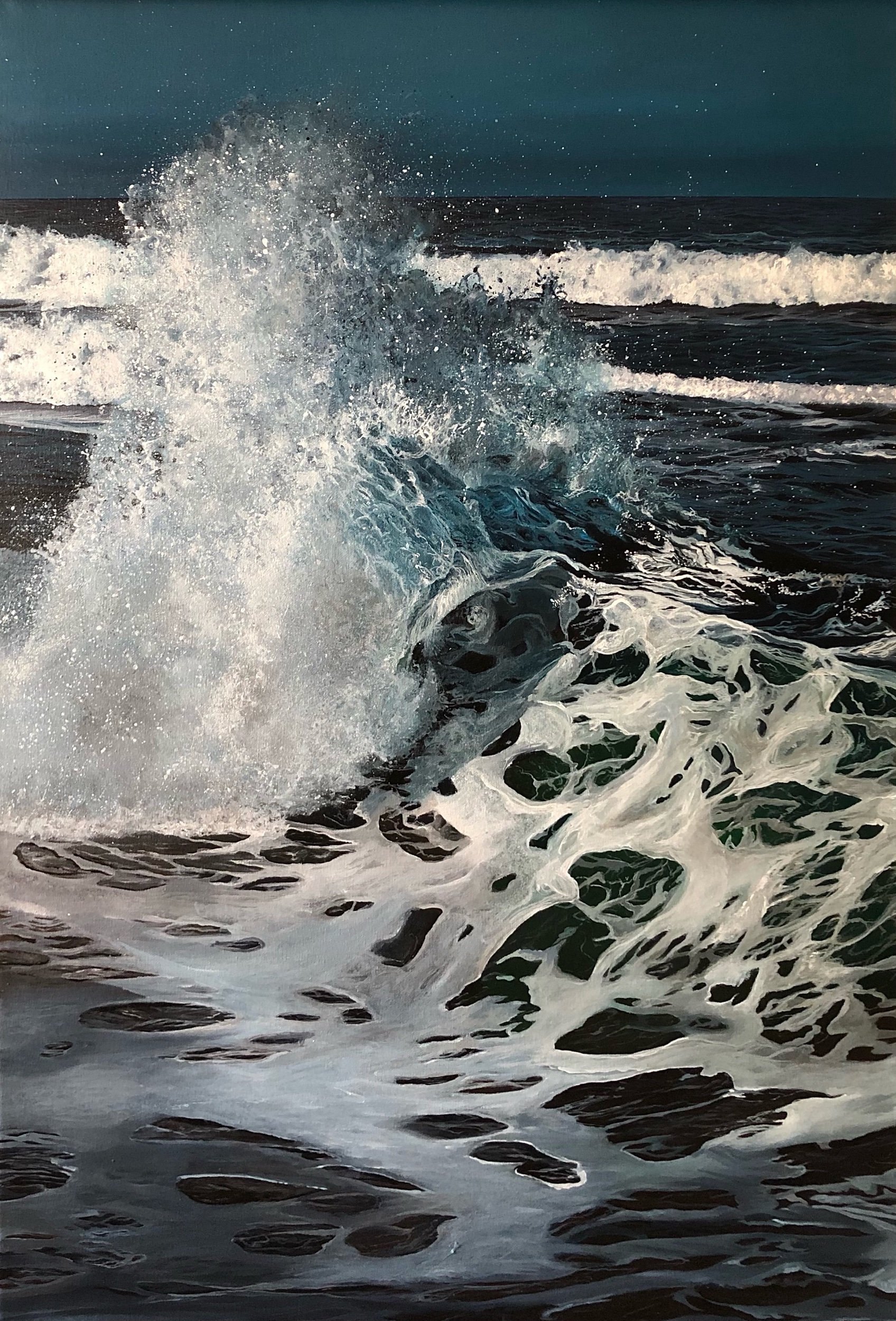 A large acrylic seascape painting close-up of explosive ocean waves crashing with white foam and spray against a dark blue sky, by fine artist Andreea Ionela Berindei