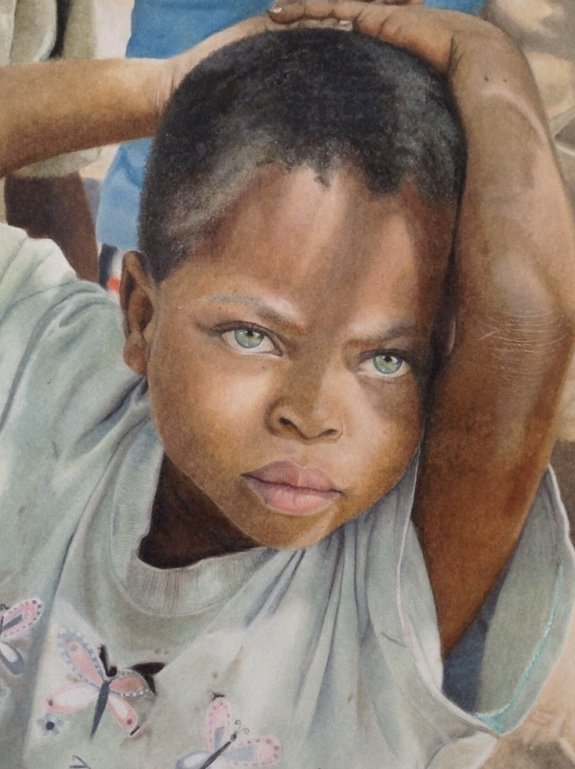 Oil based colour pencil portrait on smooth surface paperclose-up of a young boy with short curly hair, light-colored eyes, and a serious expression, resting his hand on his head. By fine artist Andreea Ionela Berindei