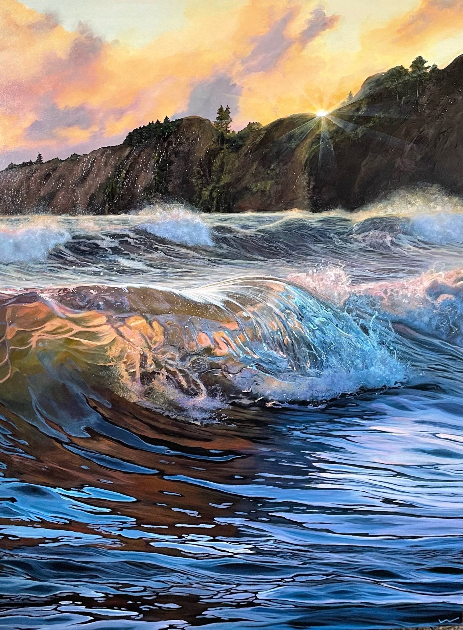 A large acrylic landscape painting of ocean waves crashing near rocky cliffs with trees, sunset sky, and sun rays, by fine artist Andreea Ionela Berindei