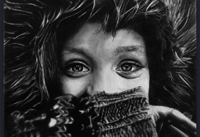 Oil based pencil portrait on smooth surface paper, black and white, of a woman with wide eyes, holding a textured blanket partially covering her face, with tousled hair surrounding her head. By fine artist Andreea Ionela Berindei