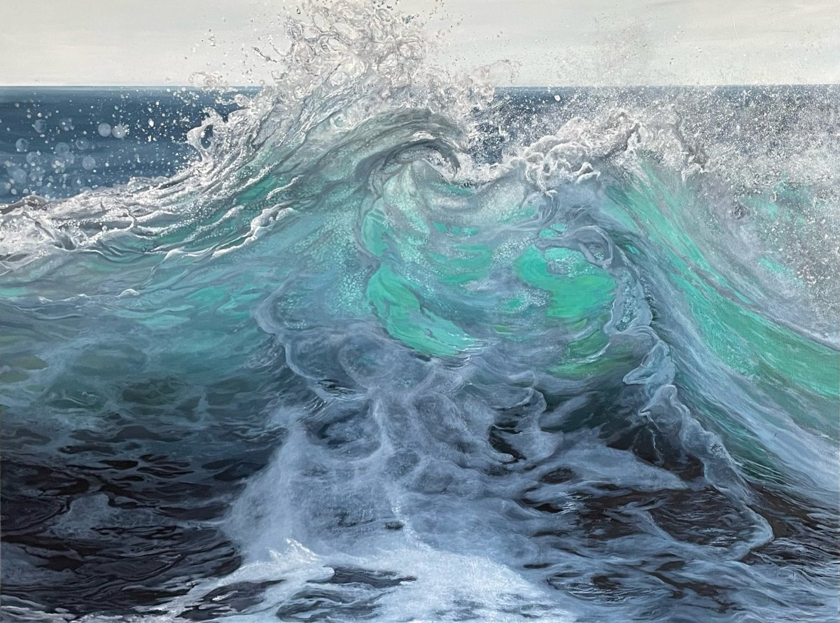 A large acrylic seascape painting of an ocean wave with white foam at the crest, turquoise and dark water below, by fine artist Andreea Ionela Berindei