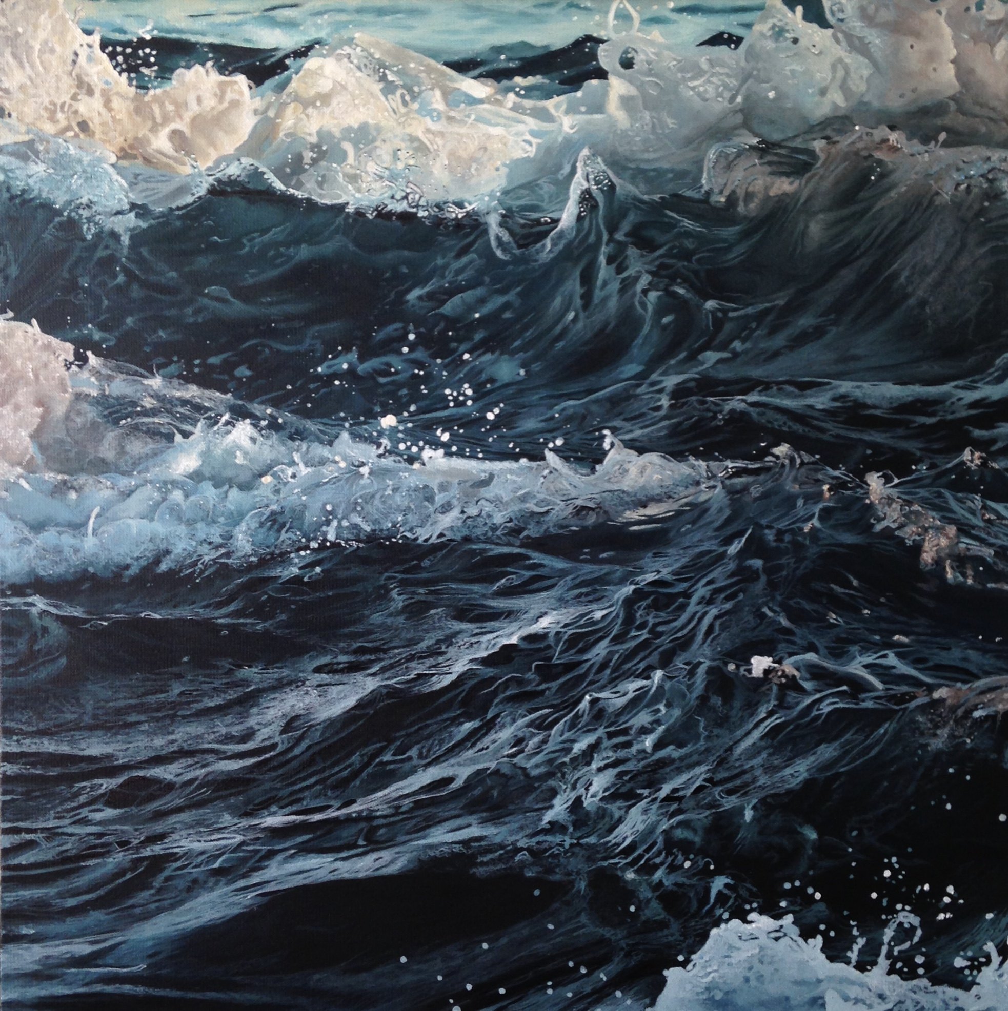 A large acrylic seascape painting of waves crashing with white foam and dark blue water, by fine artist Andreea Ionela Berindei