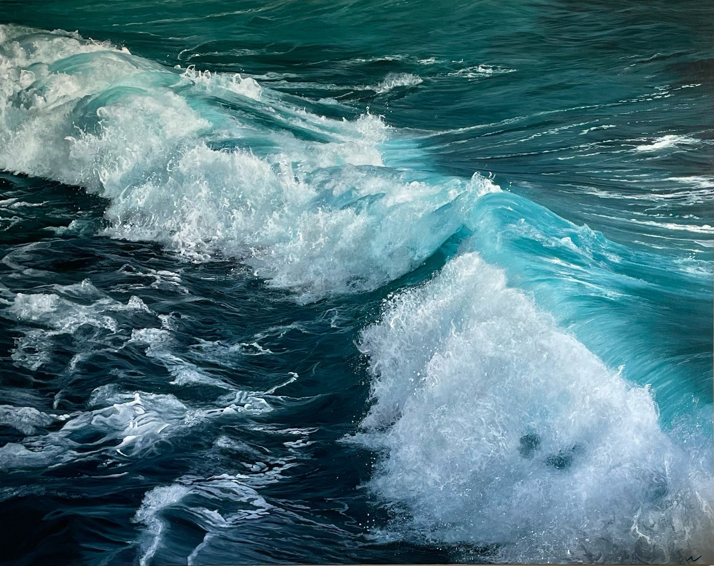 A large acrylic seascape painting of ocean waves crashing and splashing, with white foam and blue water, by fine artist Andreea Ionela Berindei