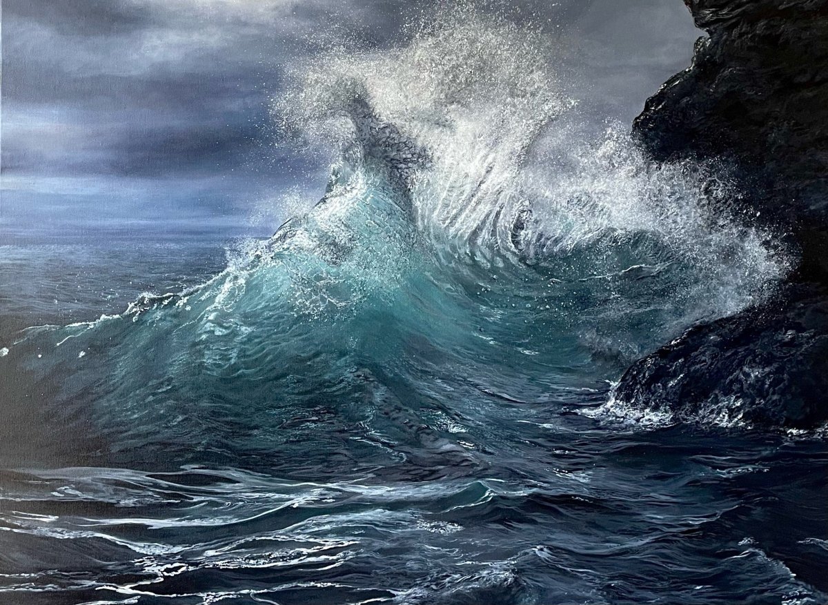 A large acrylic landscape painting of waves crashing against rocks at New Zealand's Piha, West Coast beach with foam and spray, by fine artist Andreea Ionela Berindei