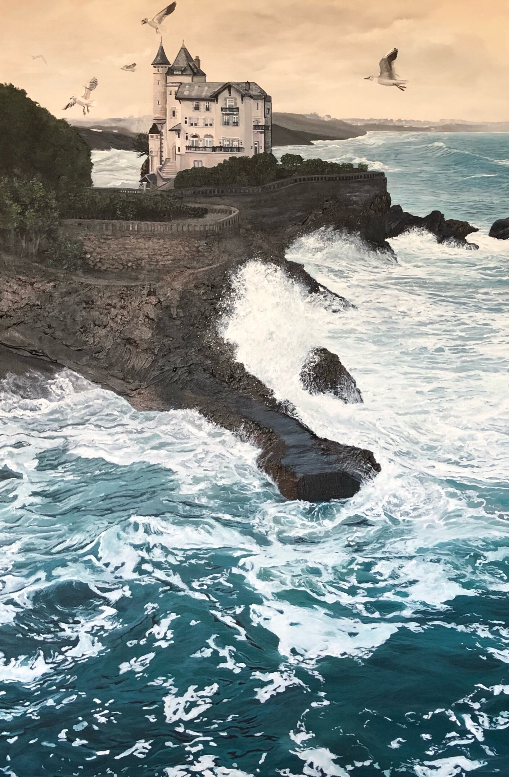 A large painting of a Villa Belza castle, Biarritz, situated on a rocky coastline, with waves crashing against the rocks. Seagulls are flying in the sky above the castle with a cloudy sky in the background, by fine artist Andreea Ionela Berindei